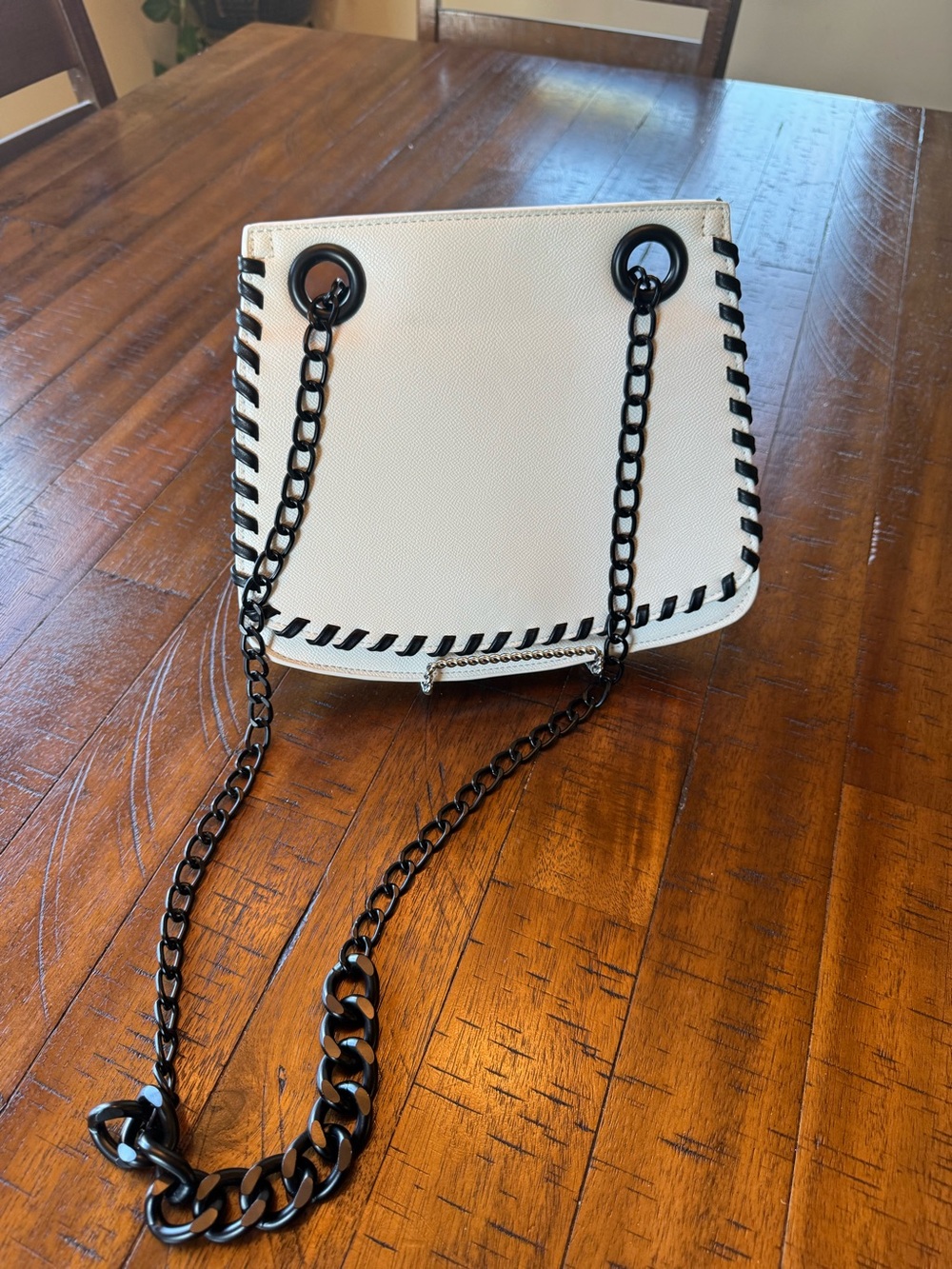 Betsey Johnson White/Black Whip Stitched Small Saddle Bag w/ Chain Strap Detail